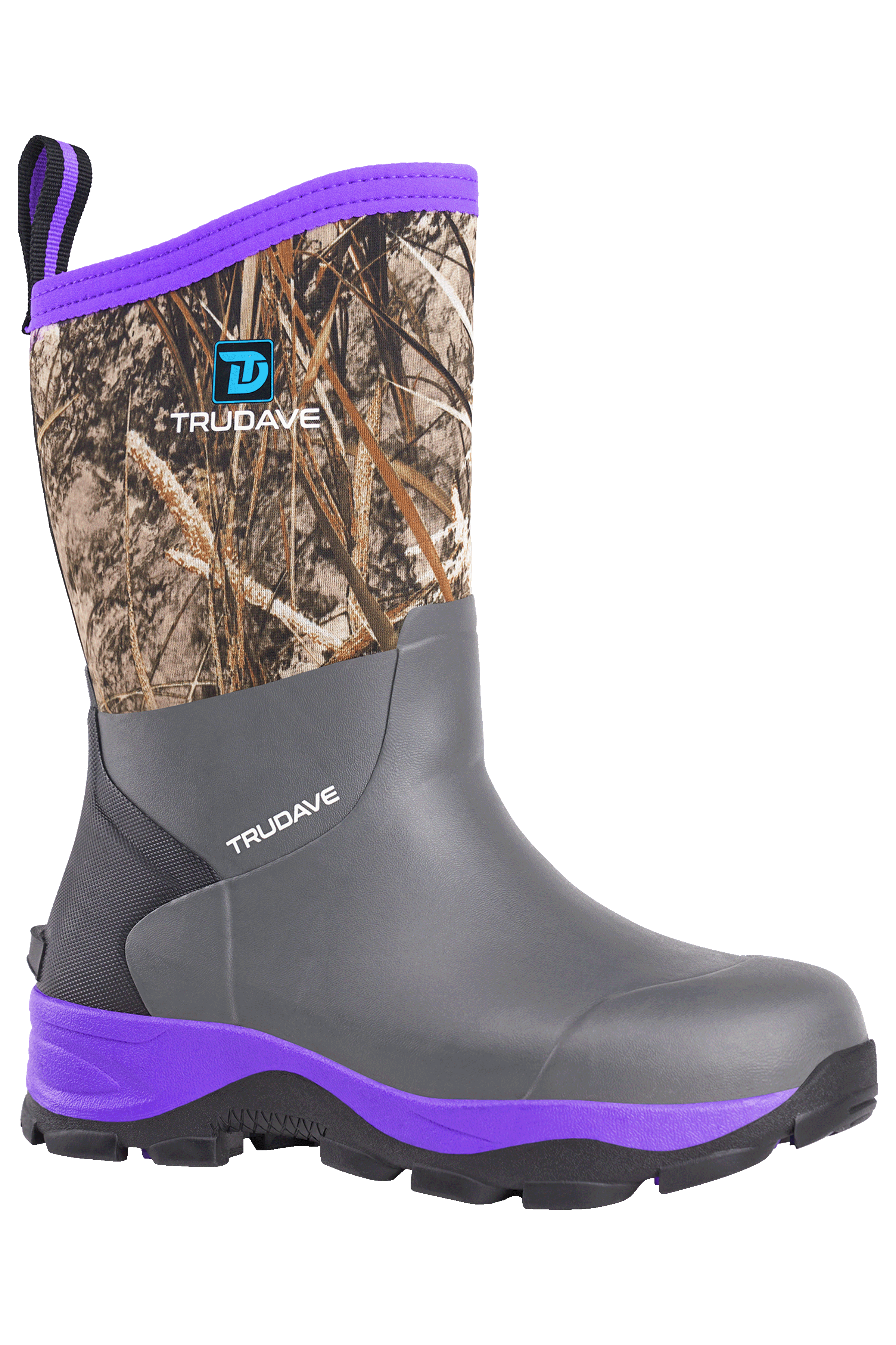 Side view of Trudave MudGuard Series women’s mid-calf waterproof garden boots – purple camo design showing durable rubber shell and slip-resistant sole for gardening and outdoor use